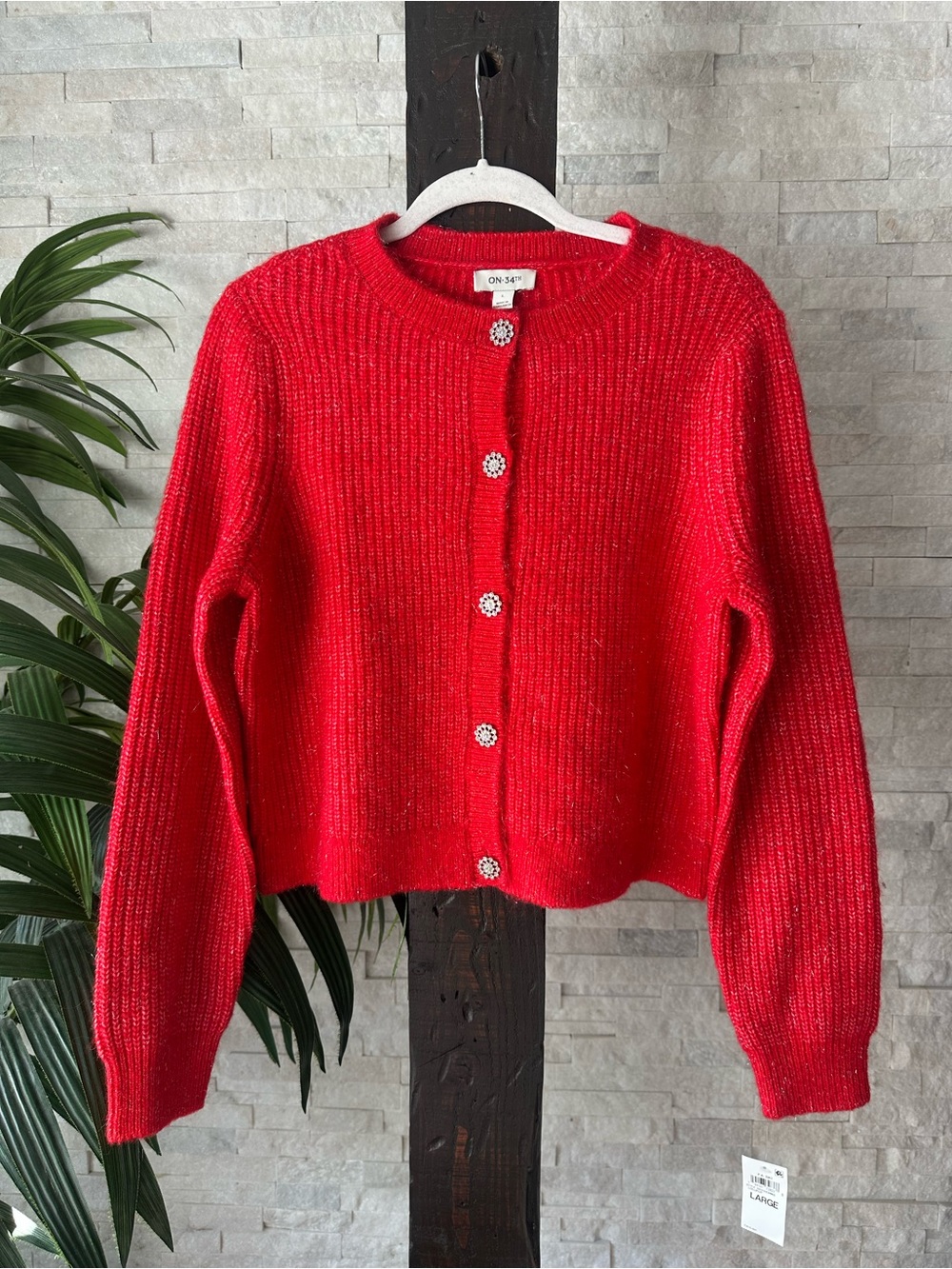 On 34th Tomato Red Ribbed Jeweled Button Holiday Christmas Cardigan Size L New